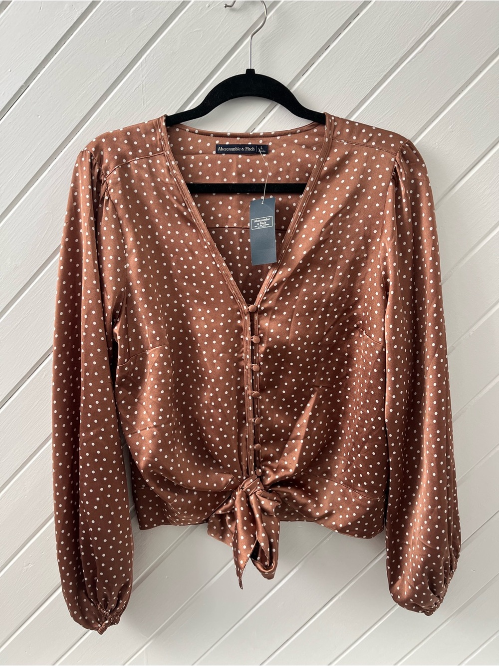Abercrombie & Fitch Brown Satin Polka Dot Long-Sleeve Blouse